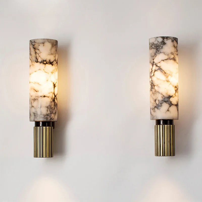 "Luxurious marble wall decor with ambient lighting; features elegant stone pattern, perfect for modern home interiors."