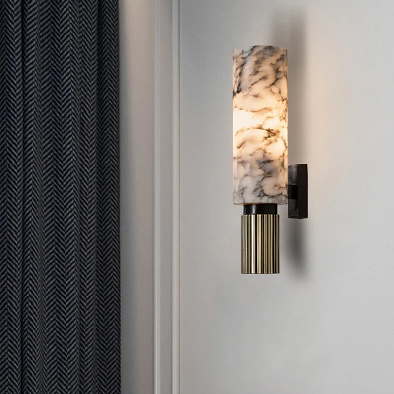 "Luxurious marble wall decor with ambient lighting; features elegant stone pattern, perfect for modern home interiors."