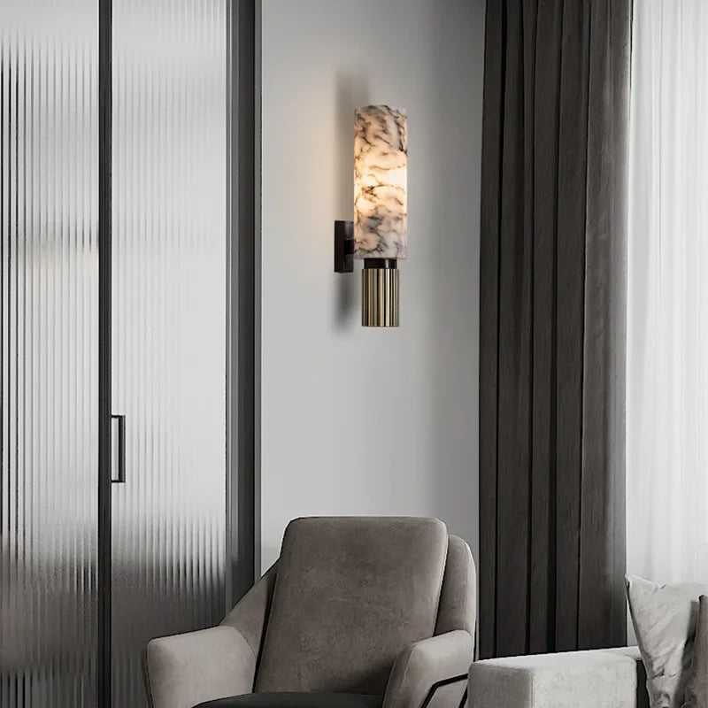 "Luxurious marble wall decor with ambient lighting; features elegant stone pattern, perfect for modern home interiors."