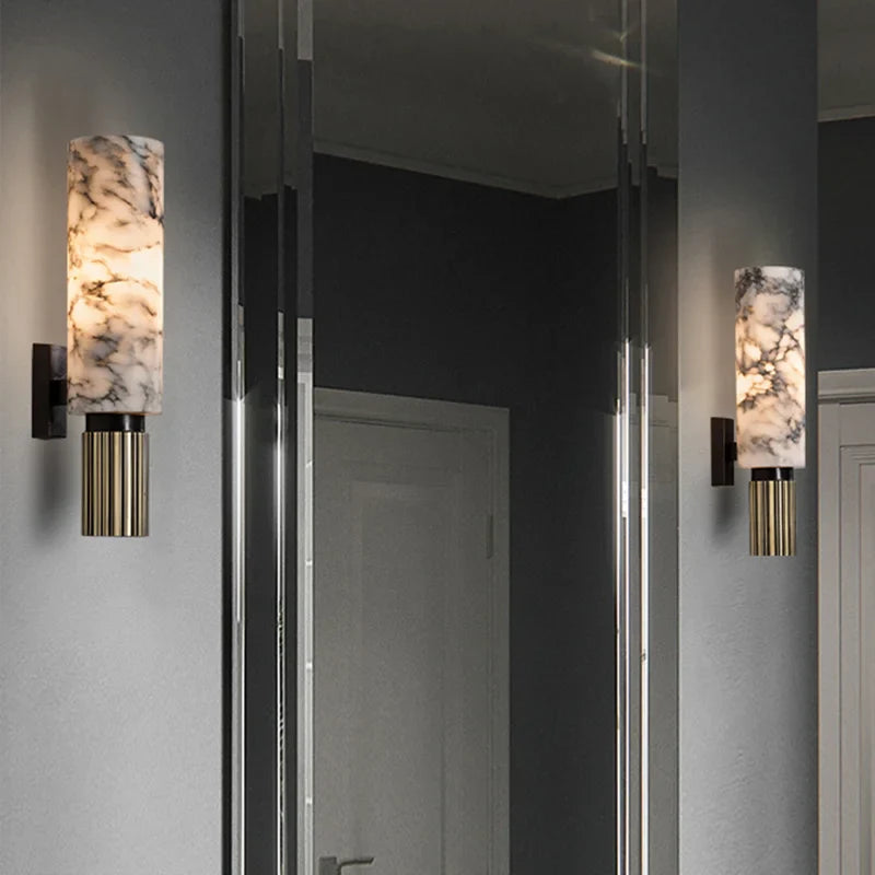 "Luxurious marble wall decor with ambient lighting; features elegant stone pattern, perfect for modern home interiors."