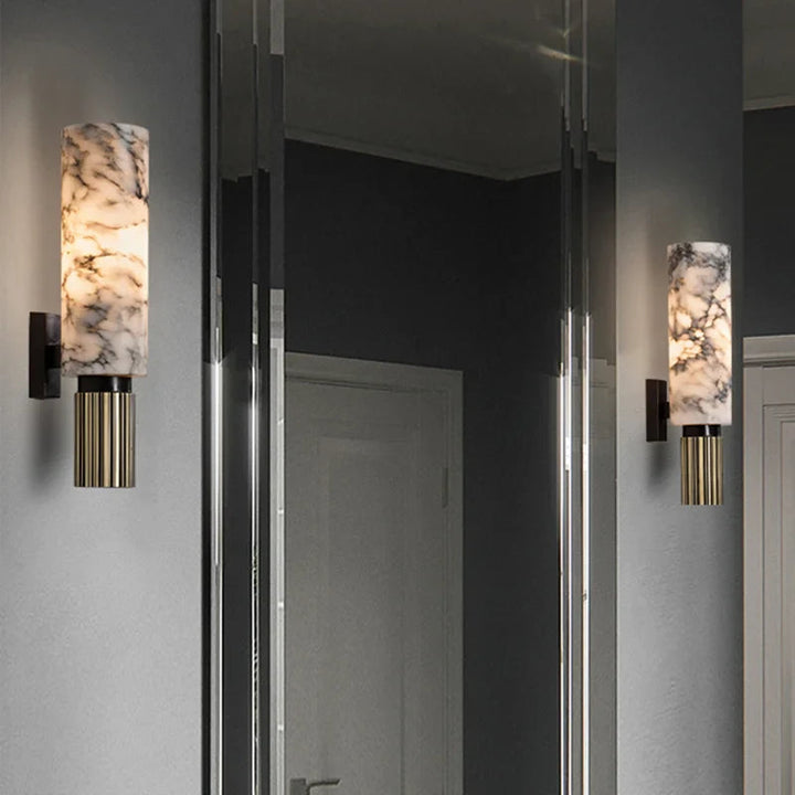 "Luxurious marble wall decor with ambient lighting; features elegant stone pattern, perfect for modern home interiors."