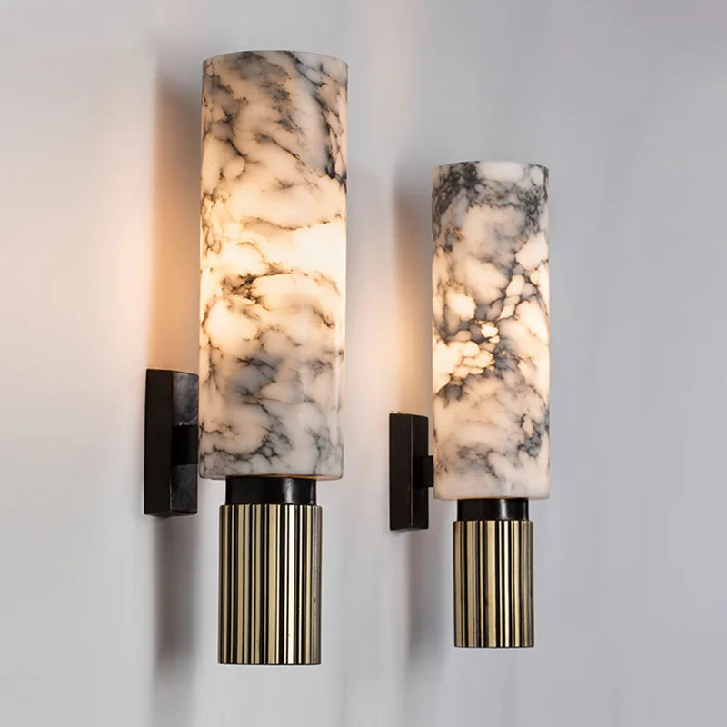 "Luxurious marble wall decor with ambient lighting; features elegant stone pattern, perfect for modern home interiors."