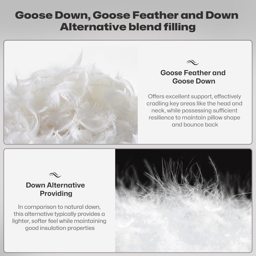 "Luxurious white goose down pillow, visually fluffy with silk cover, offering ultimate sleep comfort and support."