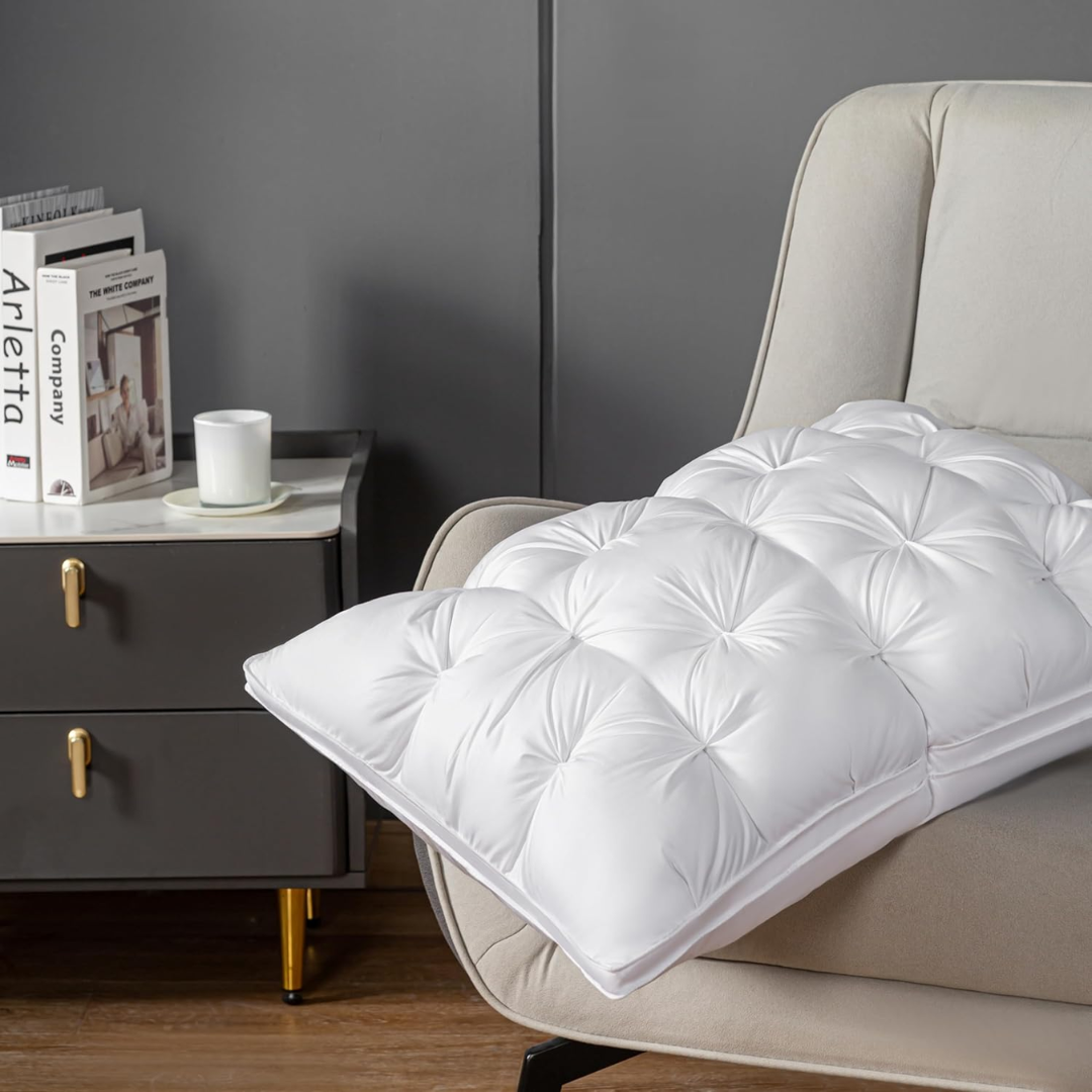 "Luxurious white goose down pillow, visually fluffy with silk cover, offering ultimate sleep comfort and support."