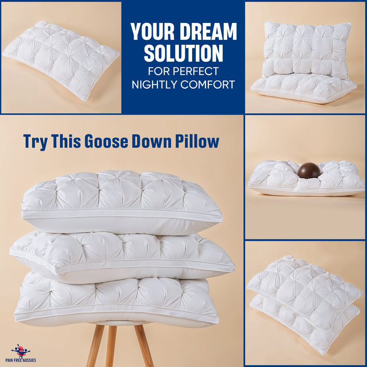 "Luxurious white goose down pillow, visually fluffy with silk cover, offering ultimate sleep comfort and support."