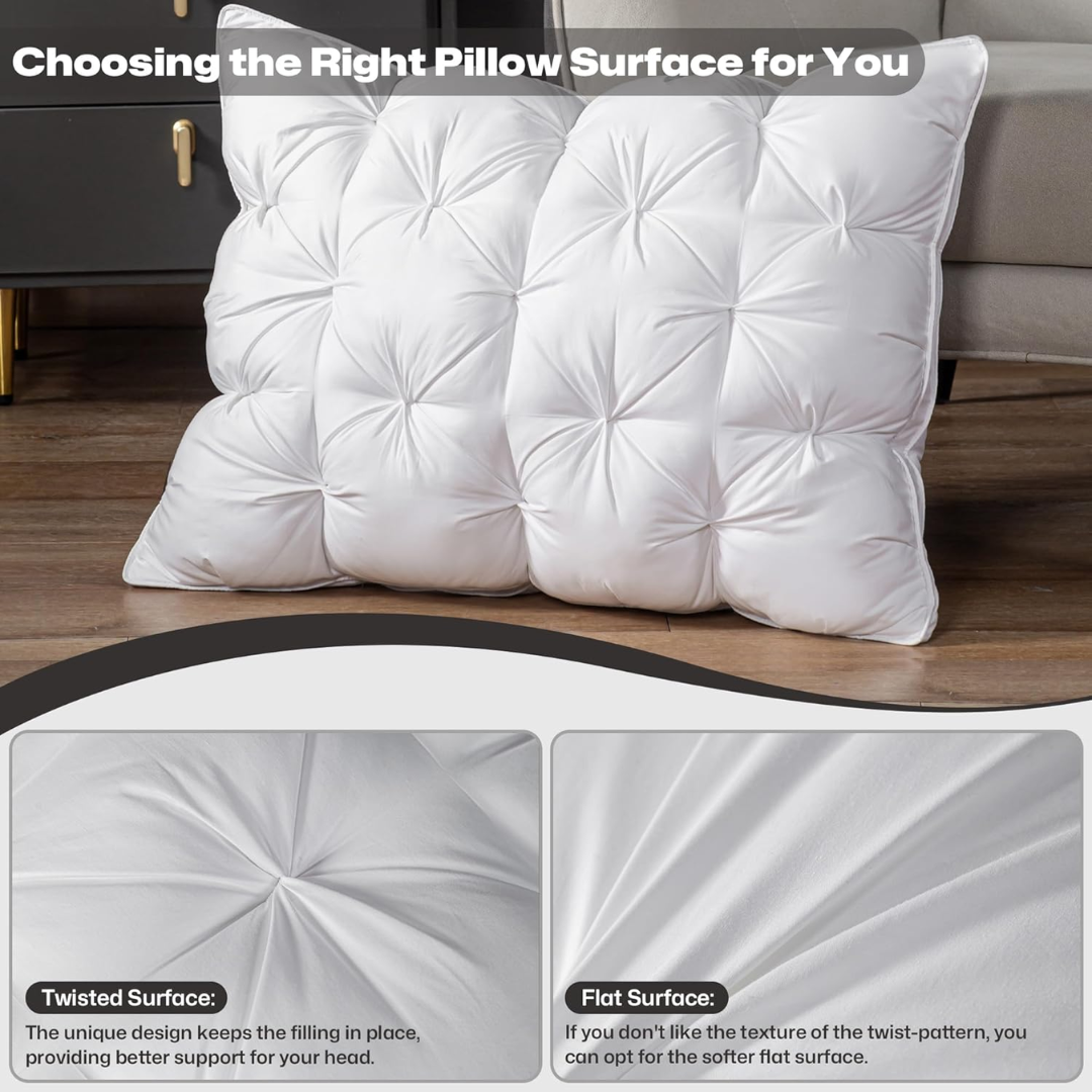 "Luxurious white goose down pillow, visually fluffy with silk cover, offering ultimate sleep comfort and support."