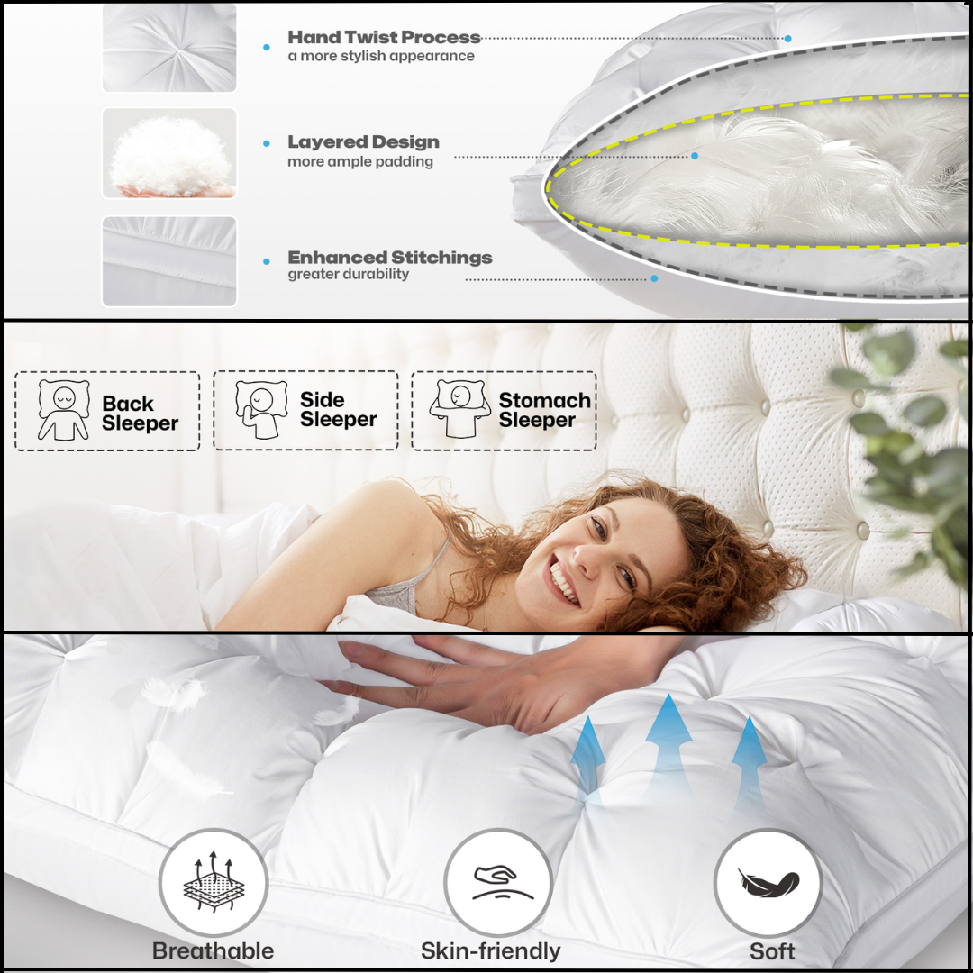 "Luxurious white goose down pillow, visually fluffy with silk cover, offering ultimate sleep comfort and support."