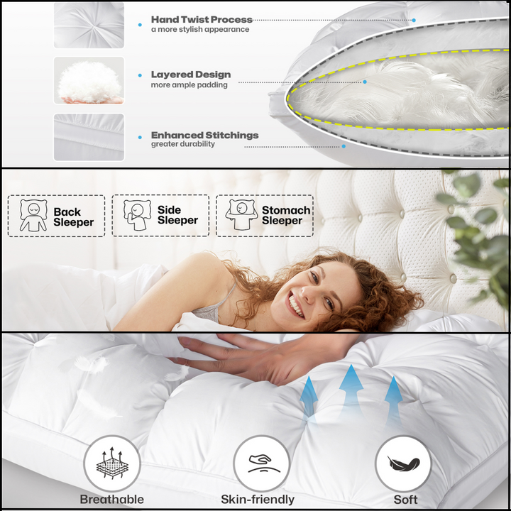 "Luxurious white goose down pillow, visually fluffy with silk cover, offering ultimate sleep comfort and support."