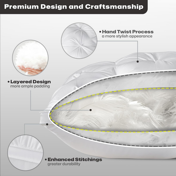"Luxurious white goose down pillow, visually fluffy with silk cover, offering ultimate sleep comfort and support."