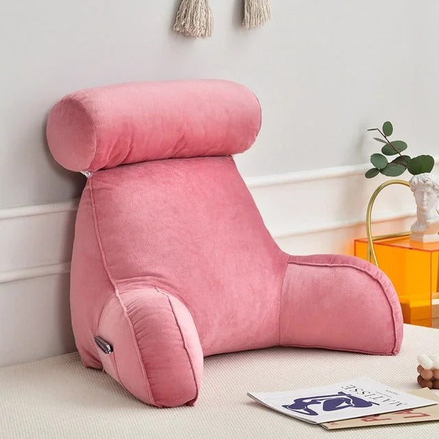 "Luxury backrest pillow with adjustable headrest and velour cover for neck and back support, ideal for bed or sofa lounging."