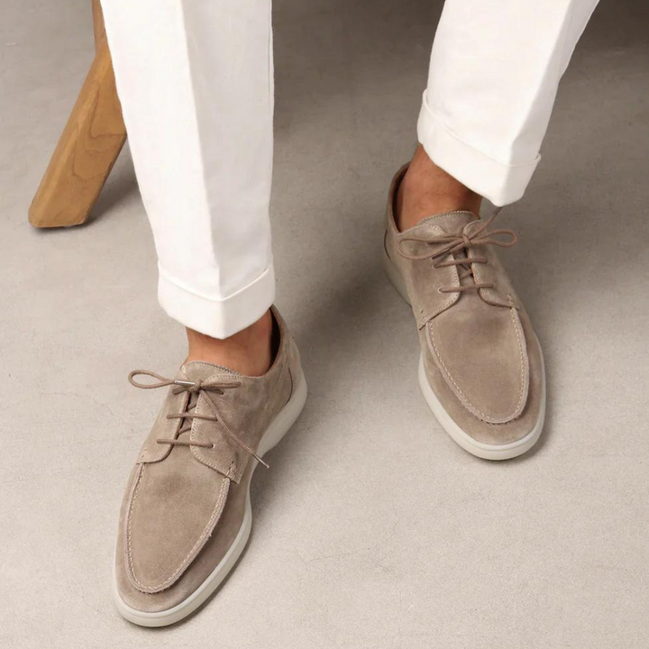 Luxury men's leather lace-up loafers in beige, sleek design, perfect for formal or casual occasions. Elegant and comfortable.