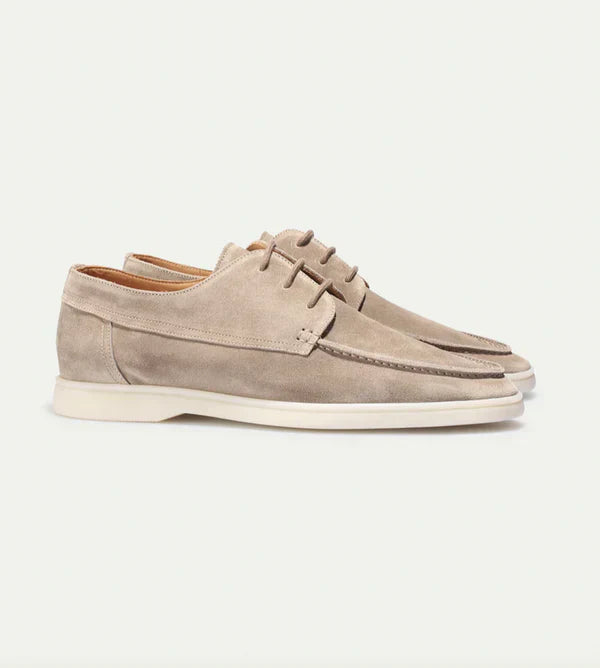 Luxury men's leather lace-up loafers in beige, sleek design, perfect for formal or casual occasions. Elegant and comfortable.