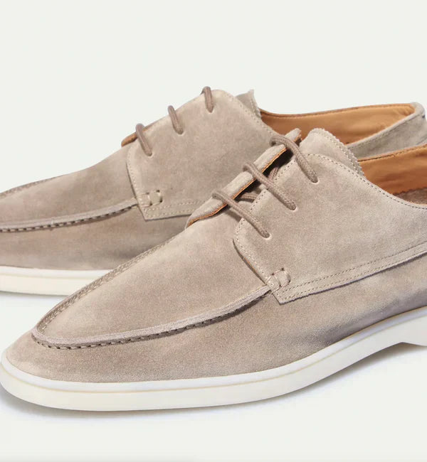 Luxury men's leather lace-up loafers in beige, sleek design, perfect for formal or casual occasions. Elegant and comfortable.