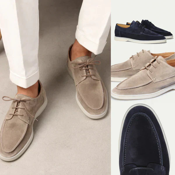 Luxury men's leather lace-up loafers in beige, sleek design, perfect for formal or casual occasions. Elegant and comfortable.