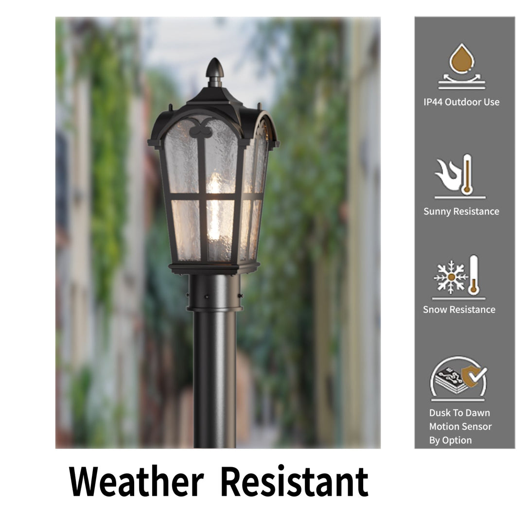 Matt black outdoor post light with clear glass shade, elegant design, perfect for gardens, pathways, or entryways.
