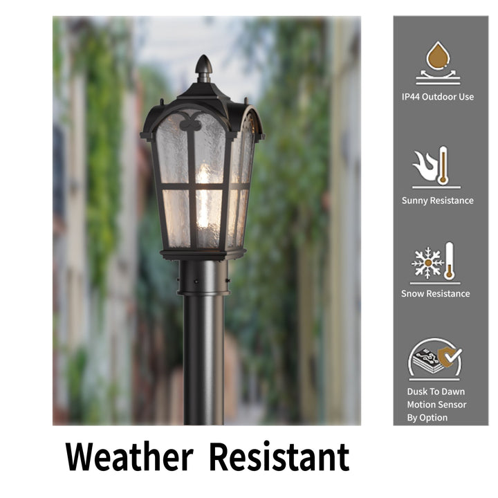 Matt black outdoor post light with clear glass shade, elegant design, perfect for gardens, pathways, or entryways.