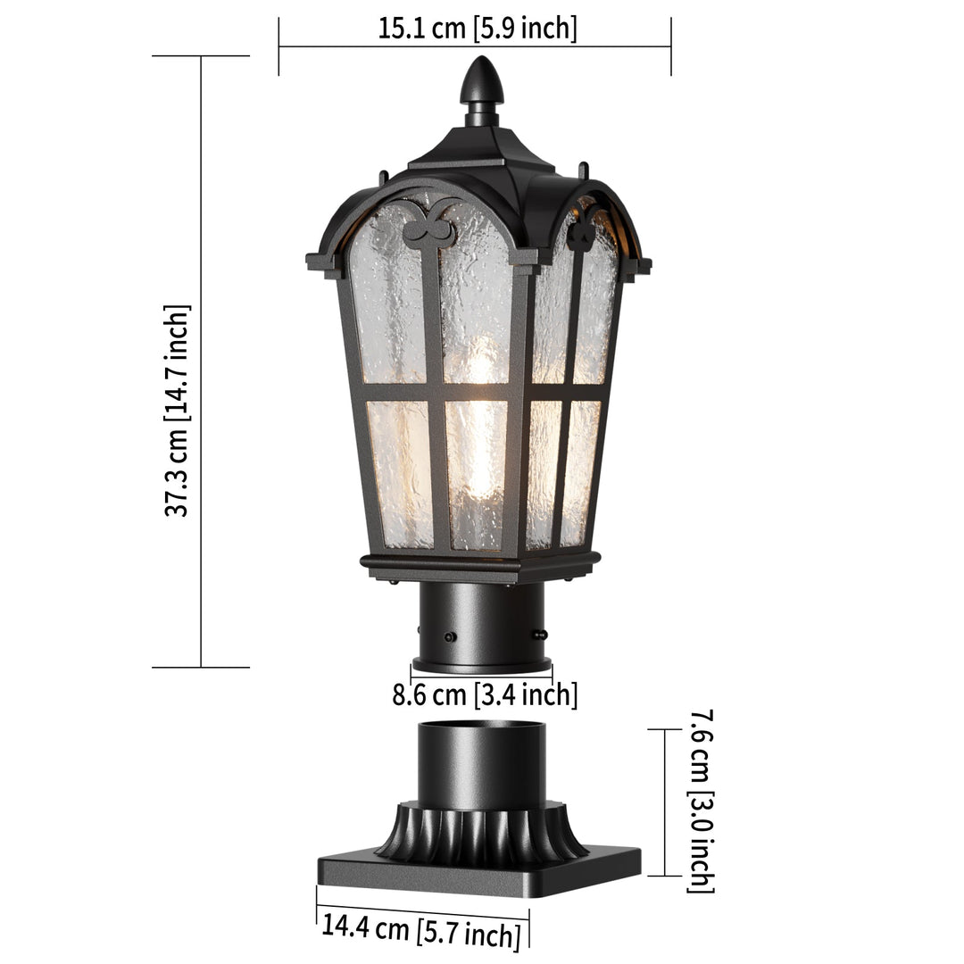 Matt black outdoor post light with clear glass shade, elegant design, perfect for gardens, pathways, or entryways.