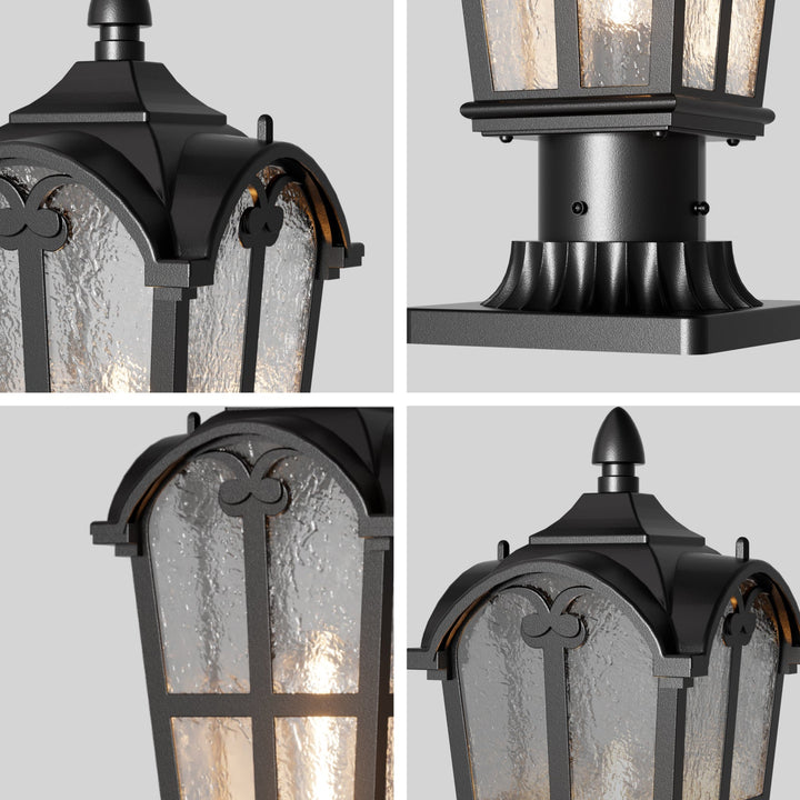 Matt black outdoor post light with clear glass shade, elegant design, perfect for gardens, pathways, or entryways.