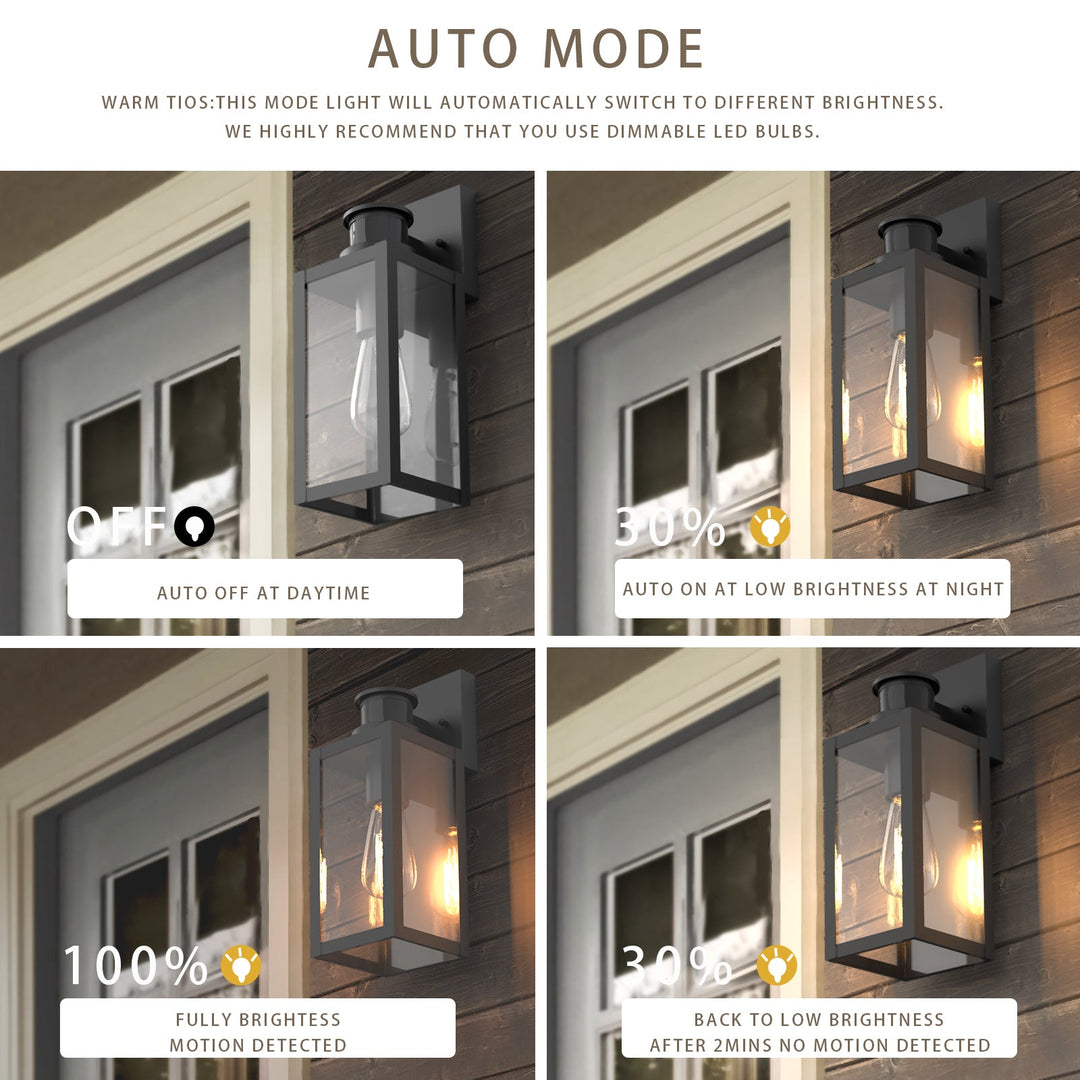 "Matte black outdoor wall light with motion sensor, IP44 weatherproof, sleek modern design, 2-pack for home security."