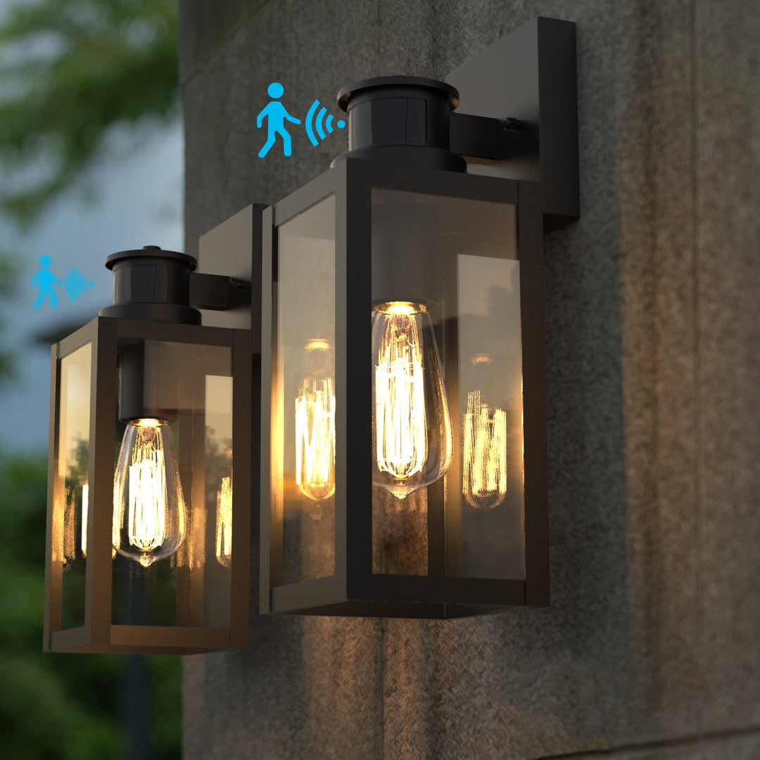 "Matte black outdoor wall light with motion sensor, IP44 weatherproof, sleek modern design, 2-pack for home security."