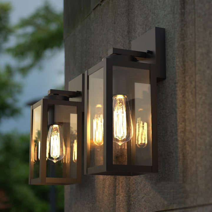 "Matte black outdoor wall light with motion sensor, IP44 weatherproof, sleek modern design, 2-pack for home security."