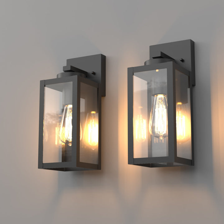 "Matte black outdoor wall light with motion sensor, IP44 weatherproof, sleek modern design, 2-pack for home security."