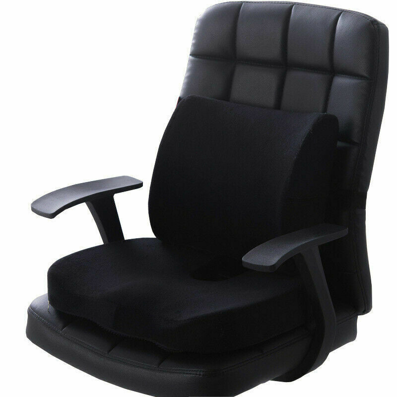 Memory Foam Back & Seat Cushion Set with ergonomic design, gel layer; ideal for office chairs, car seats, relieves pain.