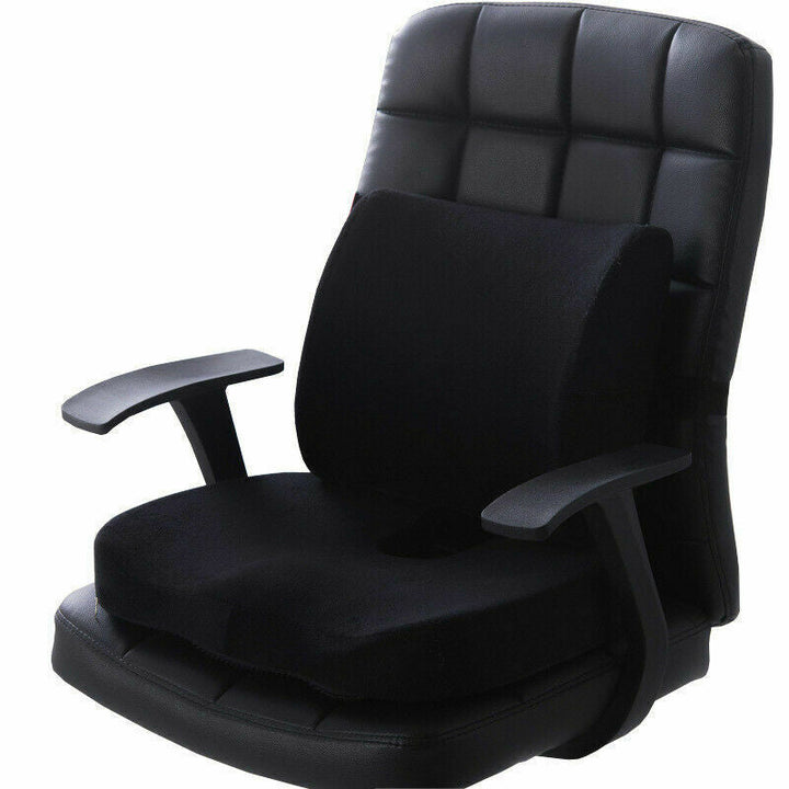 Memory Foam Back & Seat Cushion Set with ergonomic design, gel layer; ideal for office chairs, car seats, relieves pain.