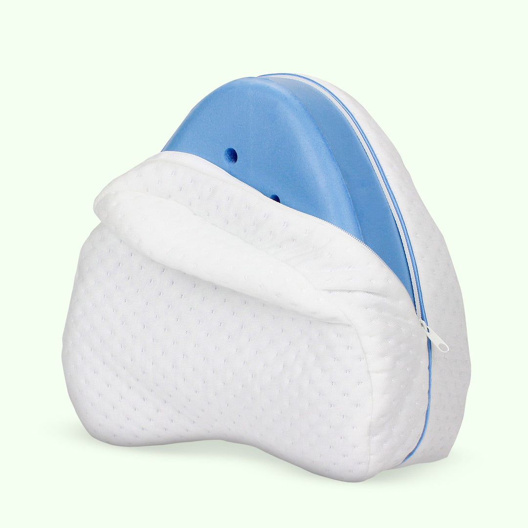 "Memory foam leg and knee support pillow in grey, pink, and white for pain relief, shown in various color options."