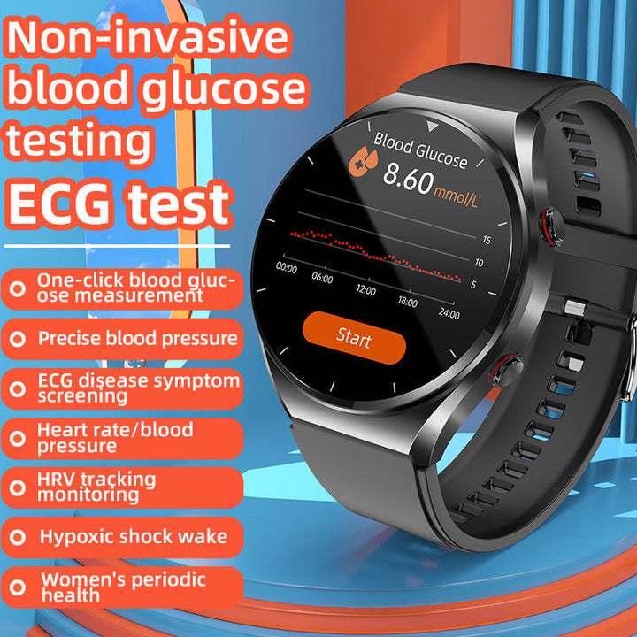 Men's HealthGuard Pro ECG HRV Smart Watch in sleek black, featuring a large round touchscreen and health monitoring sensors.