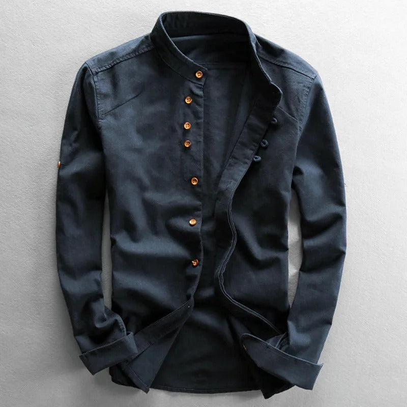 Men's Japanese style linen shirt in gray, navy, and white; ultra-soft fabric, elegant design for versatile occasions.
