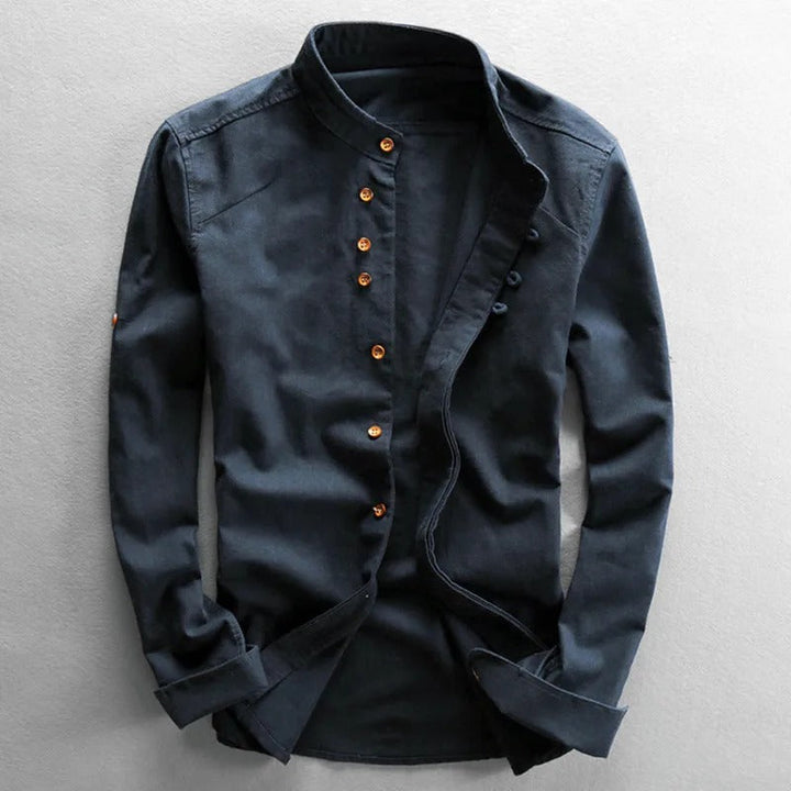 Men's Japanese style linen shirt in gray, navy, and white; ultra-soft fabric, elegant design for versatile occasions.