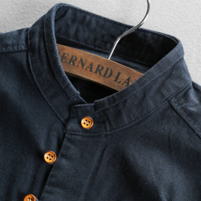 Men's Japanese style linen shirt in gray, navy, and white; ultra-soft fabric, elegant design for versatile occasions.