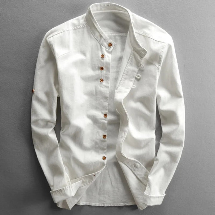 Men's Japanese style linen shirt in gray, navy, and white; ultra-soft fabric, elegant design for versatile occasions.