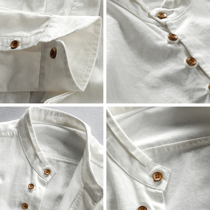 Men's Japanese style linen shirt in gray, navy, and white; ultra-soft fabric, elegant design for versatile occasions.