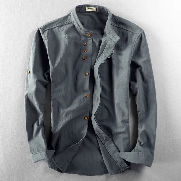 Men's Japanese style linen shirt in gray, navy, and white; ultra-soft fabric, elegant design for versatile occasions.