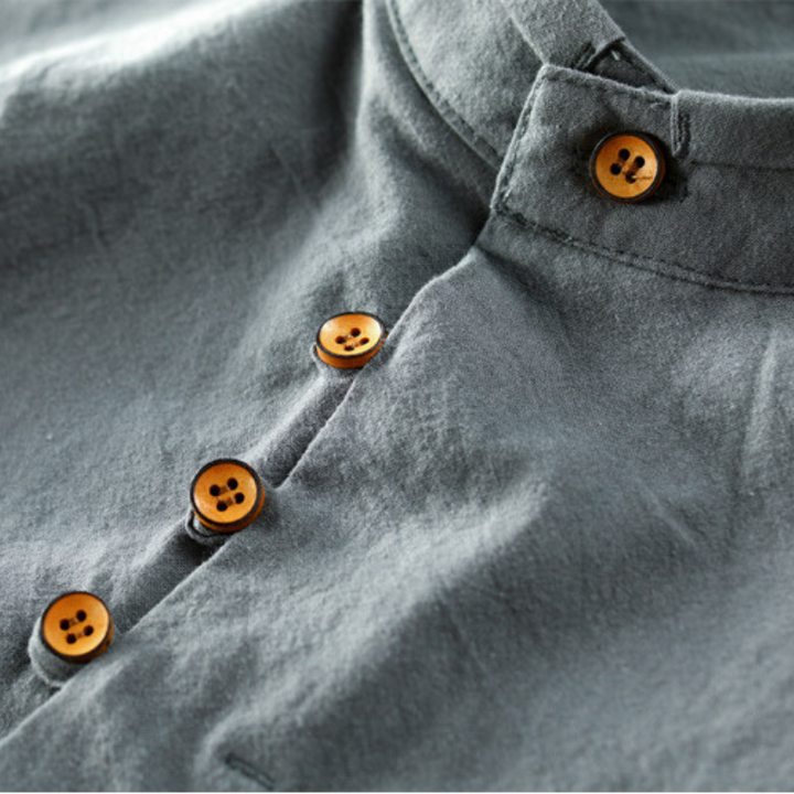 Men's Japanese style linen shirt in gray, navy, and white; ultra-soft fabric, elegant design for versatile occasions.