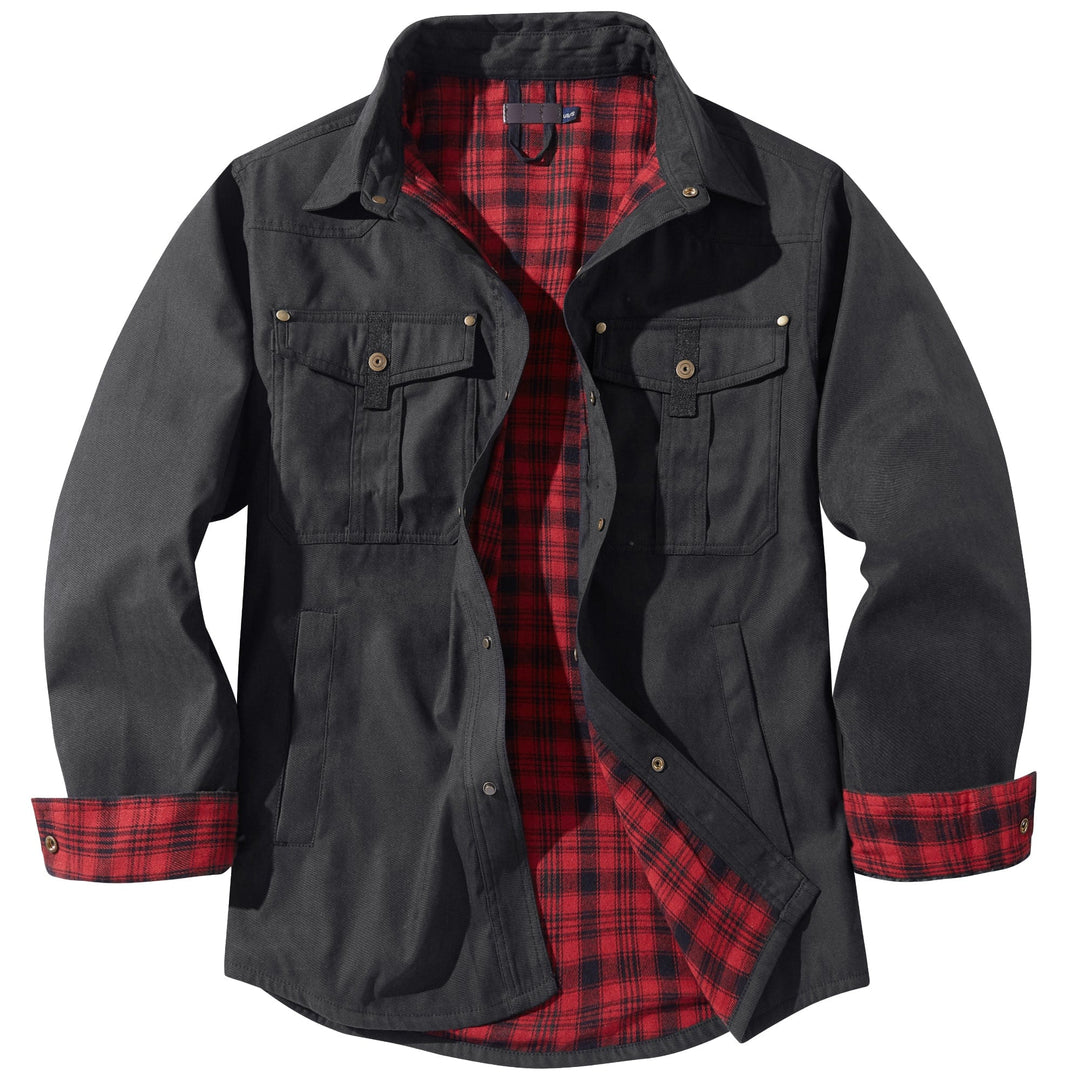 "Men's Traverse Insulated Jacket, black, polyester outer, cotton-flannel lining, versatile outdoor wear with chest pockets"