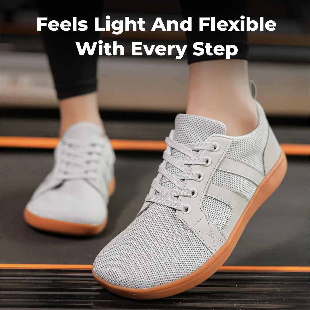 "Men's barefoot shoes, wide toe box, flexible knit upper; breathable, lightweight comfort, ideal for natural walking."