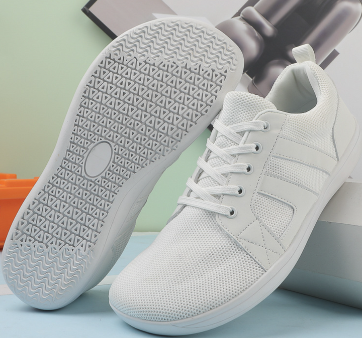 "Men's barefoot shoes, wide toe box, flexible knit upper; breathable, lightweight comfort, ideal for natural walking."