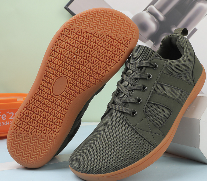 "Men's barefoot shoes, wide toe box, flexible knit upper; breathable, lightweight comfort, ideal for natural walking."