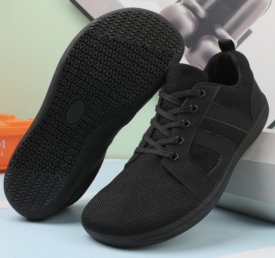 "Men's barefoot shoes, wide toe box, flexible knit upper; breathable, lightweight comfort, ideal for natural walking."