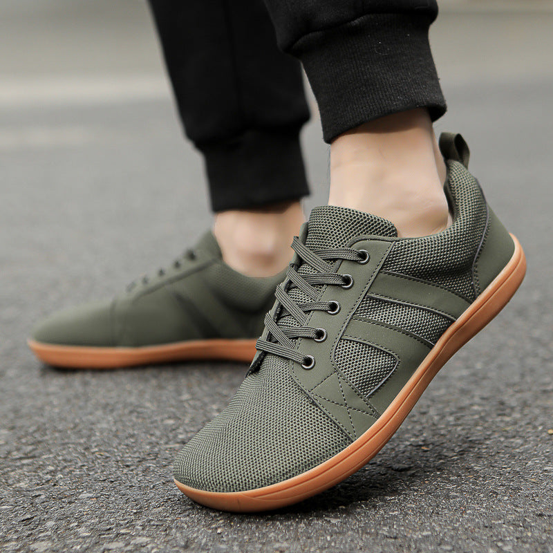"Men's barefoot shoes, wide toe box, flexible knit upper; breathable, lightweight comfort, ideal for natural walking."