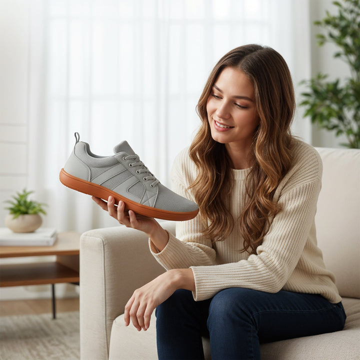 "Men's barefoot shoes, wide toe box, flexible knit upper; breathable, lightweight comfort, ideal for natural walking."