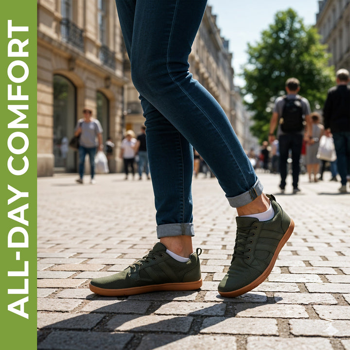 "Men's barefoot shoes, wide toe box, flexible knit upper; breathable, lightweight comfort, ideal for natural walking."