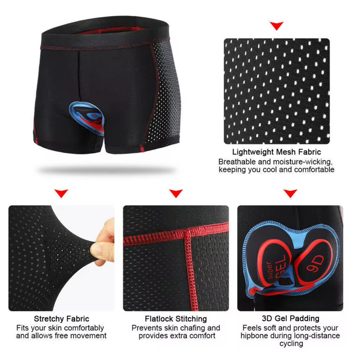 "Men's black motorcycle protection shorts with chamois padding, 3-D gel pads, and flatlock stitching for long ride comfort."
