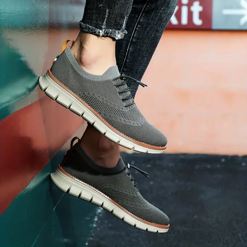 "Men's breathable lightweight stretch shoes, ultra comfort design, feather-light, versatile, knit material, stylish colors."