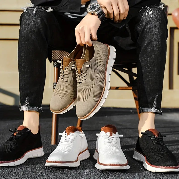 "Men's breathable lightweight stretch shoes, ultra comfort design, feather-light, versatile, knit material, stylish colors."