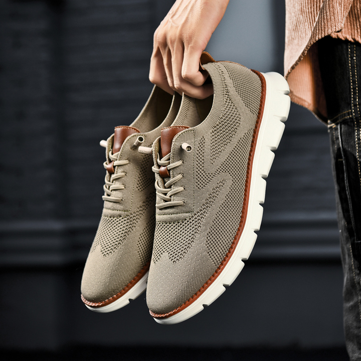 "Men's breathable lightweight stretch shoes, ultra comfort design, feather-light, versatile, knit material, stylish colors."