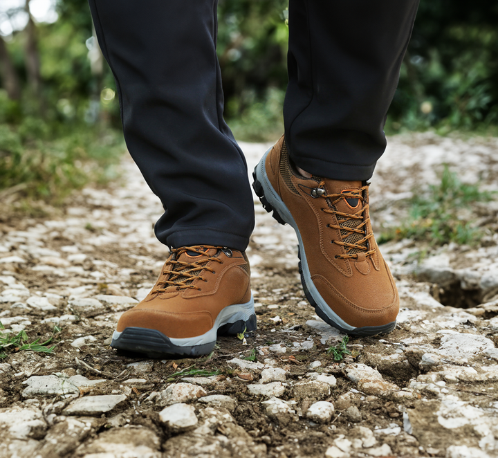 Men's brown orthopedic walking shoes offering foot pain relief with cushioned insoles and supportive arch design.